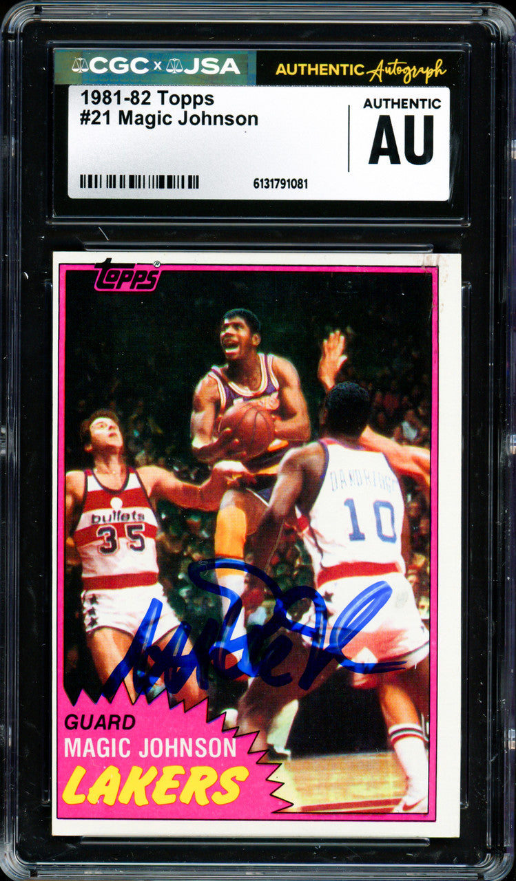 Magic Johnson Autographed 1981-82 Topps Card #21 Los Angeles Lakers (Off-Center) CGC x JSA #6131791081