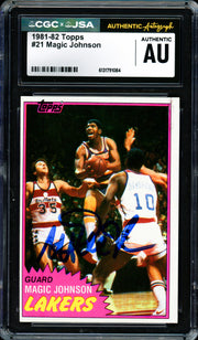 Magic Johnson Autographed 1981-82 Topps Card #21 Los Angeles Lakers (Off-Center) CGC x JSA #6131791084