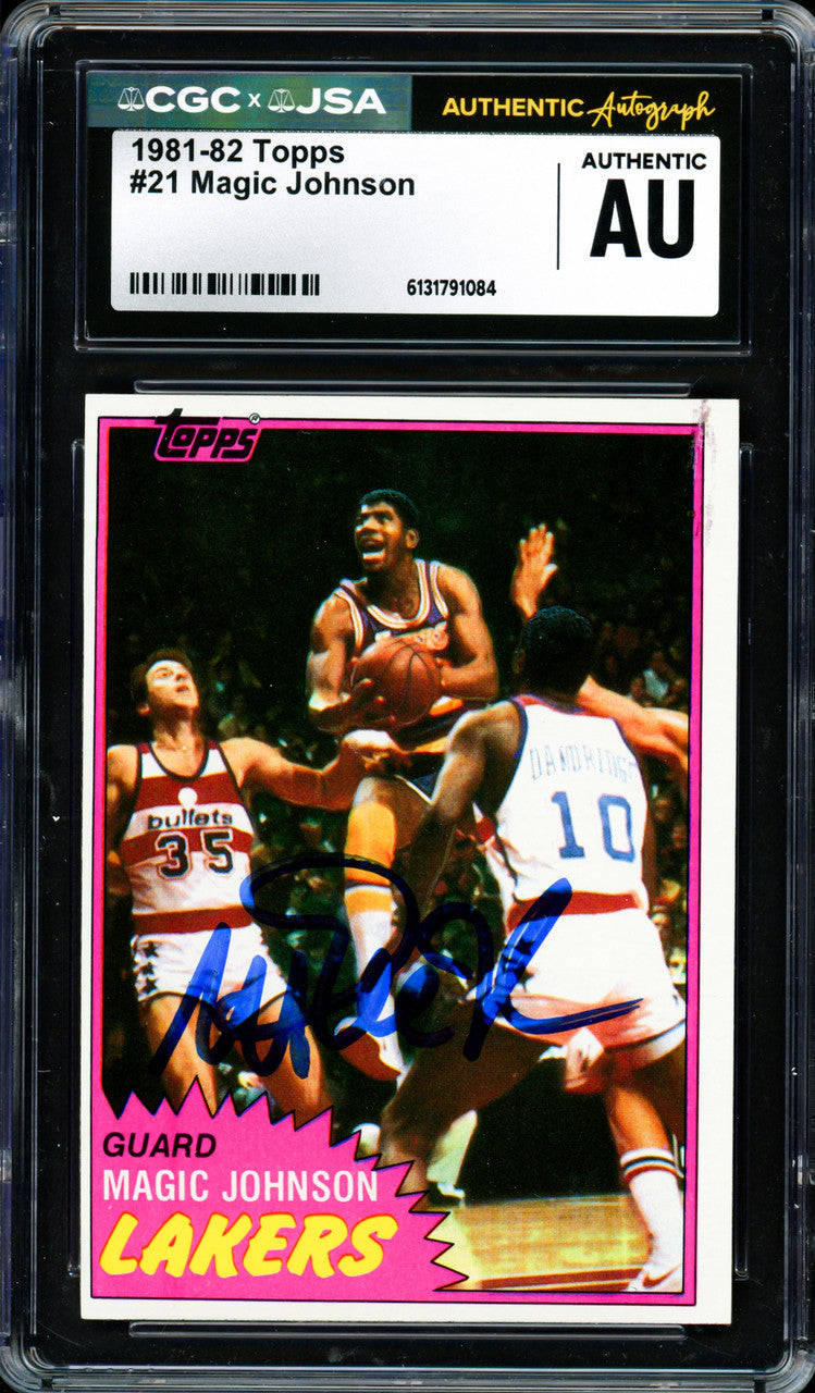 Magic Johnson Autographed 1981-82 Topps Card #21 Los Angeles Lakers (Off-Center) CGC x JSA #6131791084