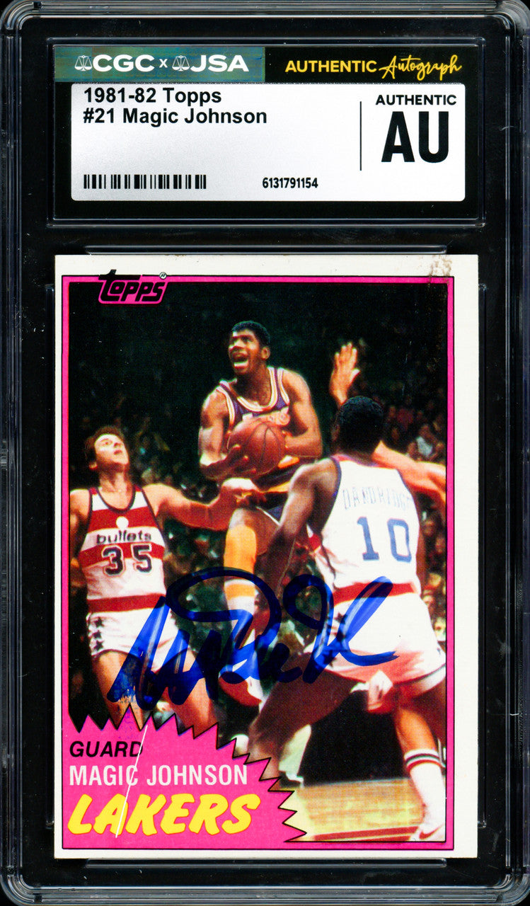 Magic Johnson Autographed 1981-82 Topps Card #21 Los Angeles Lakers (Off-Center) (Smudged) CGC x JSA #6131791154