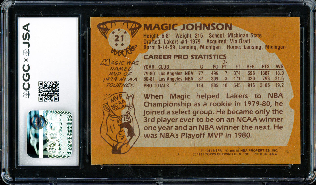Magic Johnson Autographed 1981-82 Topps Card #21 Los Angeles Lakers (Off-Center) (Smudged) CGC x JSA #6131791104
