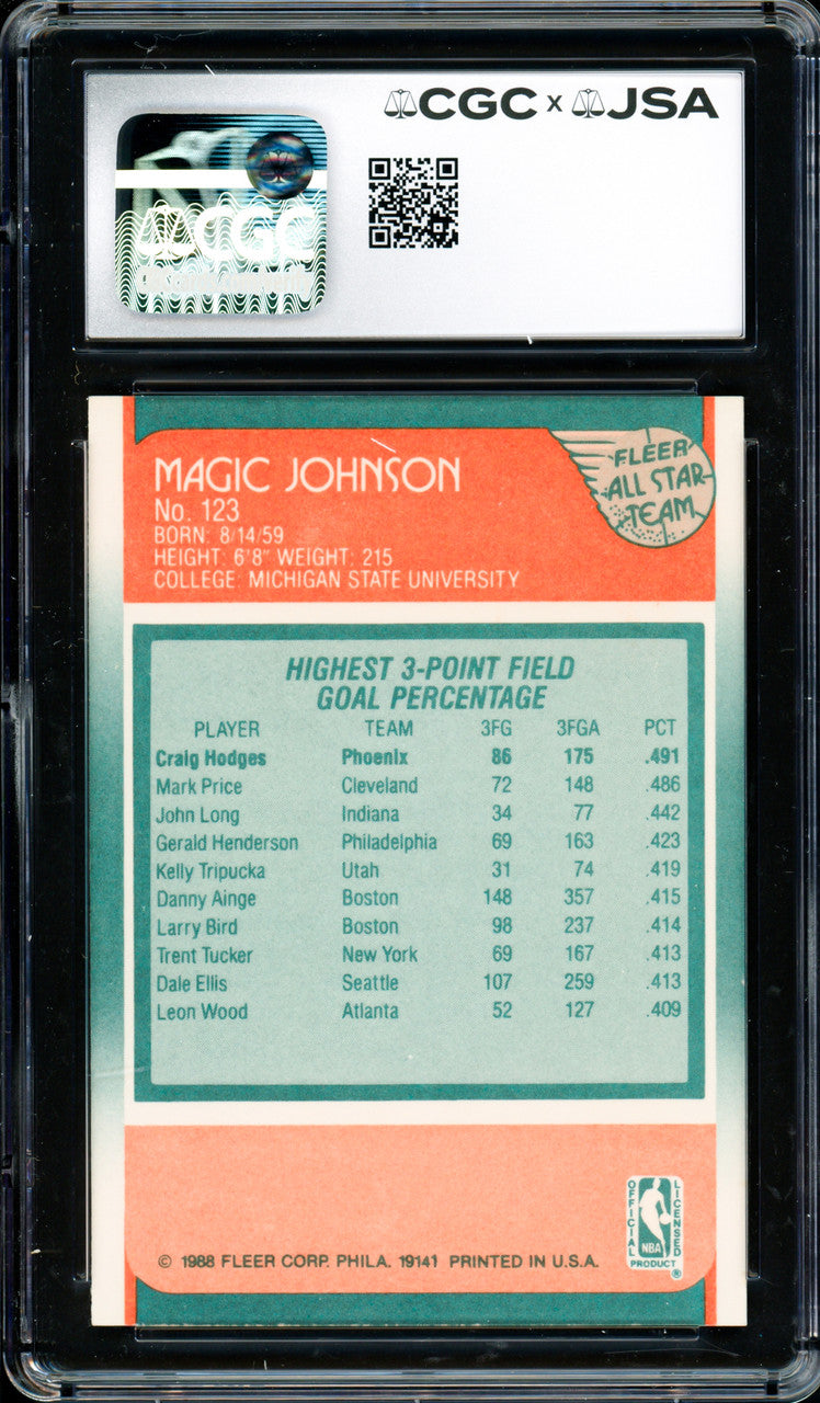 Magic Johnson Autographed 1988-89 Fleer Card #123 Los Angeles Lakers CGC x JSA 9 Auto Grade Gem Mint 10 CGC x JSA #6131791183