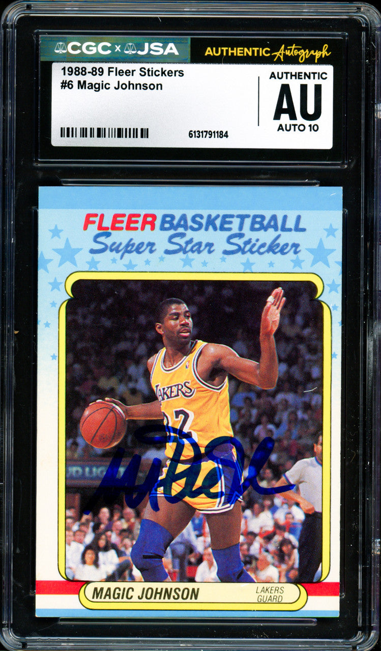 Magic Johnson Autographed 1988-89 Fleer Sticker Card #6 Los Angeles Lakers Auto Grade Gem Mint 10 CGC x JSA #6131791184