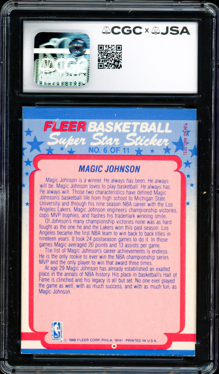 Magic Johnson Autographed 1988-89 Fleer Sticker Card #6 Los Angeles Lakers Auto Grade Gem Mint 10 CGC x JSA #6131791184
