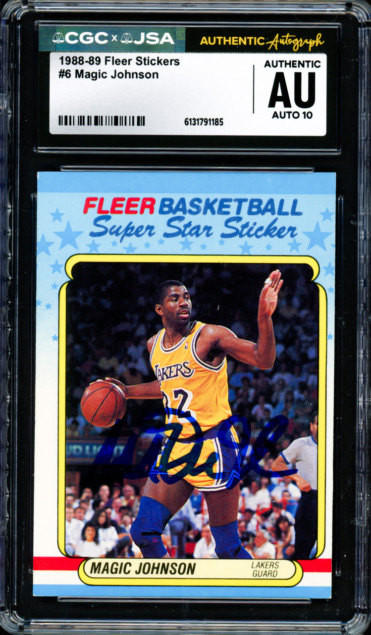Magic Johnson Autographed 1988-89 Fleer Sticker Card #6 Los Angeles Lakers Auto Grade Gem Mint 10 CGC x JSA #6131791185