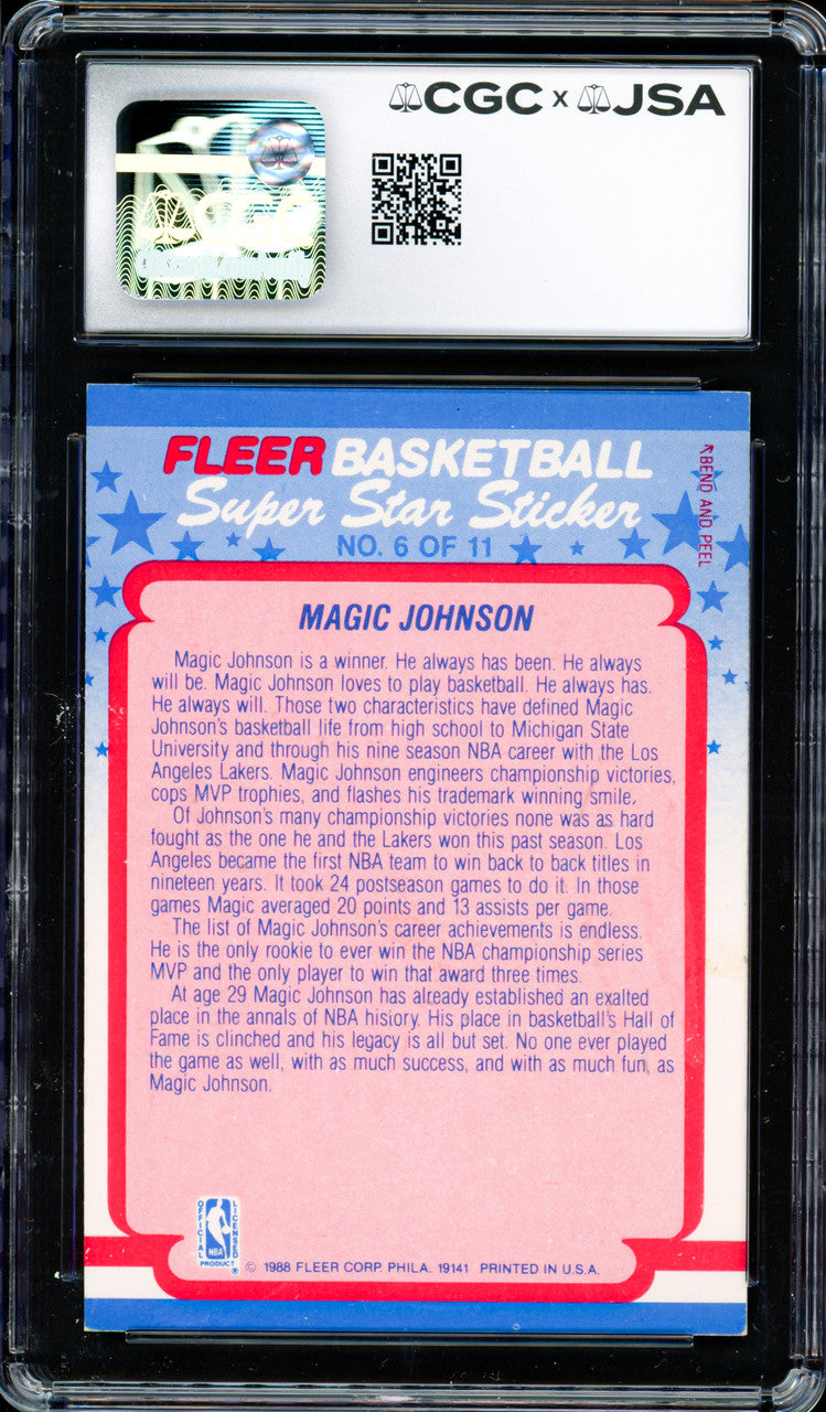Magic Johnson Autographed 1988-89 Fleer Sticker Card #6 Los Angeles Lakers Auto Grade Gem Mint 10 CGC x JSA #6131791185
