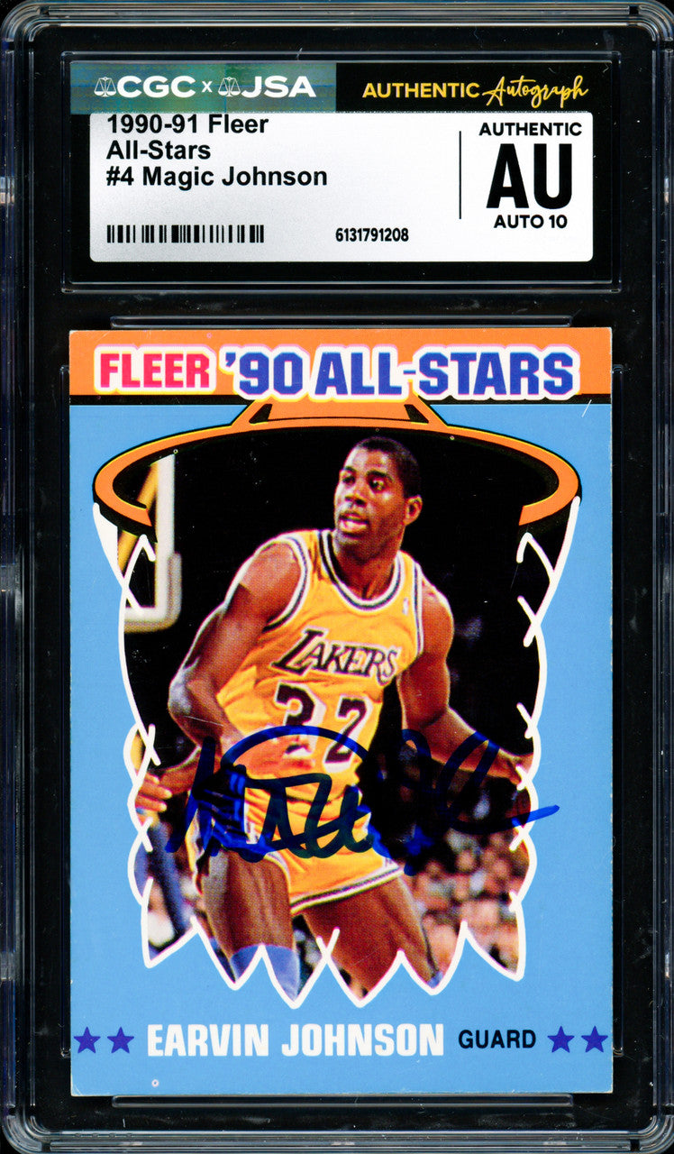 Magic Johnson Autographed 1990-91 Fleer Sticker Card #4 Los Angeles Lakers Auto Grade Gem Mint 10 CGC x JSA #6131791208