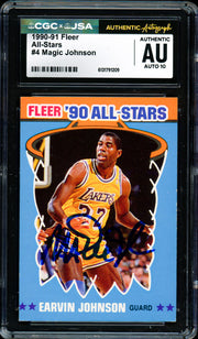 Magic Johnson Autographed 1990-91 Fleer Sticker Card #4 Los Angeles Lakers Auto Grade Gem Mint 10 CGC x JSA #6131791209