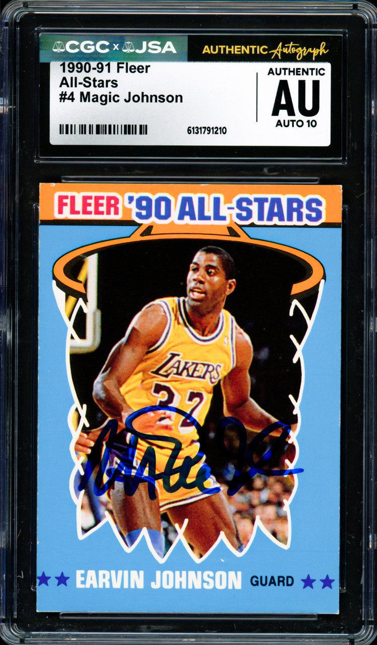 Magic Johnson Autographed 1990-91 Fleer Sticker Card #4 Los Angeles Lakers Auto Grade Gem Mint 10 CGC x JSA #6131791210