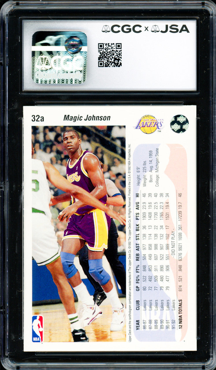 Magic Johnson Autographed 1992-93 Upper Deck Card #32a Los Angeles Lakers CGC x JSA 9 Auto Grade Gem Mint 10 CGC x JSA #6131791228