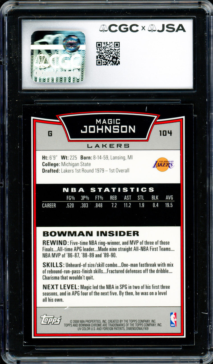Magic Johnson Autographed 2008-09 Bowman Chrome Card #104 Los Angeles Lakers CGC x JSA 9 Auto Grade Gem Mint 10 CGC x JSA #6131791225