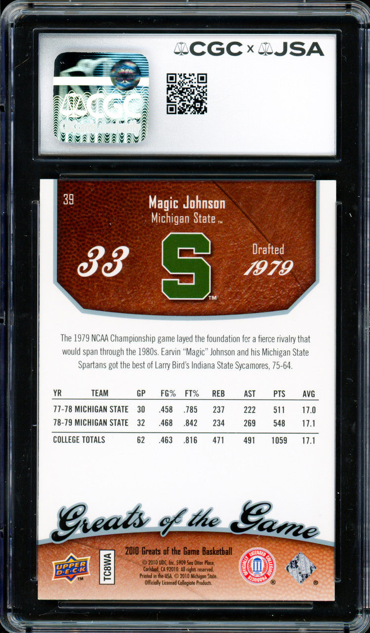 Magic Johnson Autographed 2009-10 Upper Deck Greats of the Game Card #39 Los Angeles Lakers CGC x JSA #6131791223