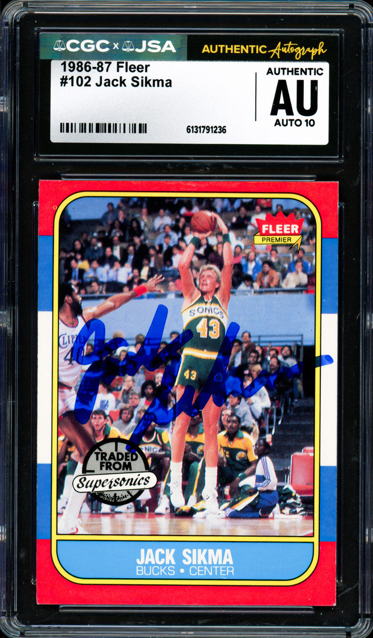 Jack Sikma Autographed 1986 Fleer Card #102 Seattle Supersonics Auto Grade Gem Mint 10 CGC x JSA #6131791236