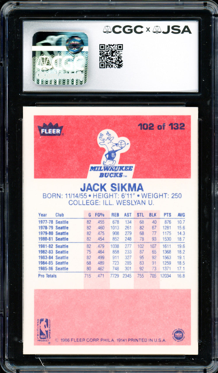 Jack Sikma Autographed 1986 Fleer Card #102 Seattle Supersonics Auto Grade Gem Mint 10 CGC x JSA #6131791234