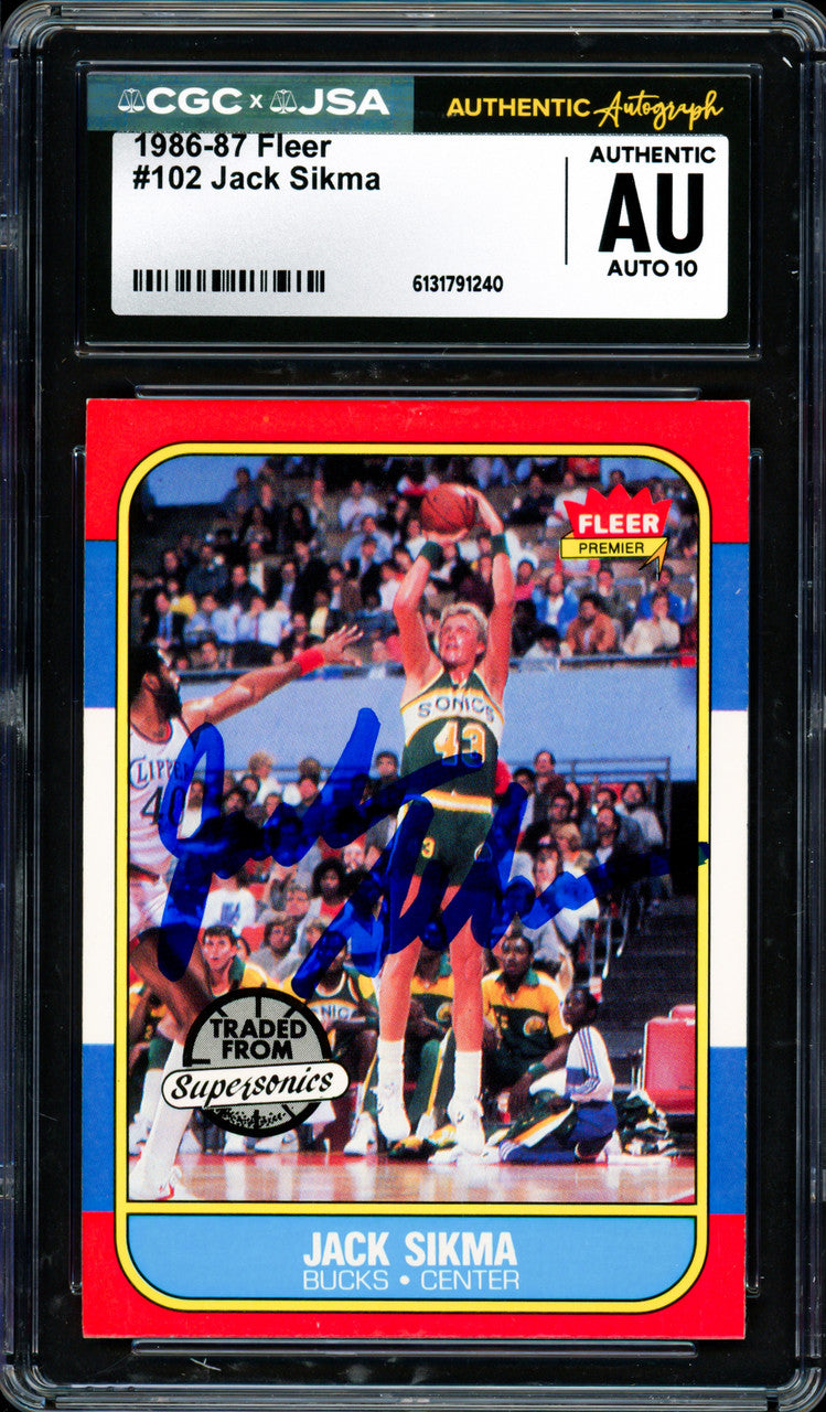 Jack Sikma Autographed 1986 Fleer Card #102 Seattle Supersonics Auto Grade Gem Mint 10 CGC x JSA #6131791240