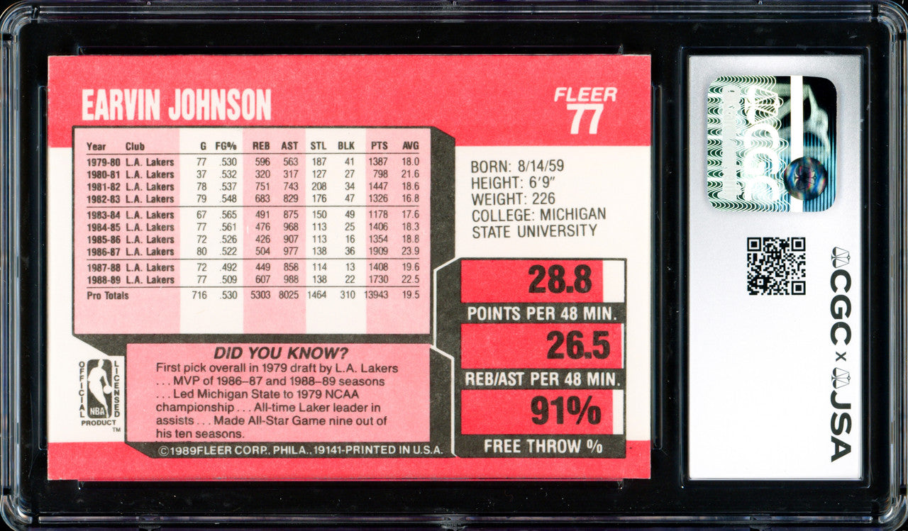 Magic Johnson Autographed 1989-90 Fleer Card #77 Los Angeles Lakers CGC x JSA 9 Auto Grade Gem Mint 10 CGC x JSA Stock #262950