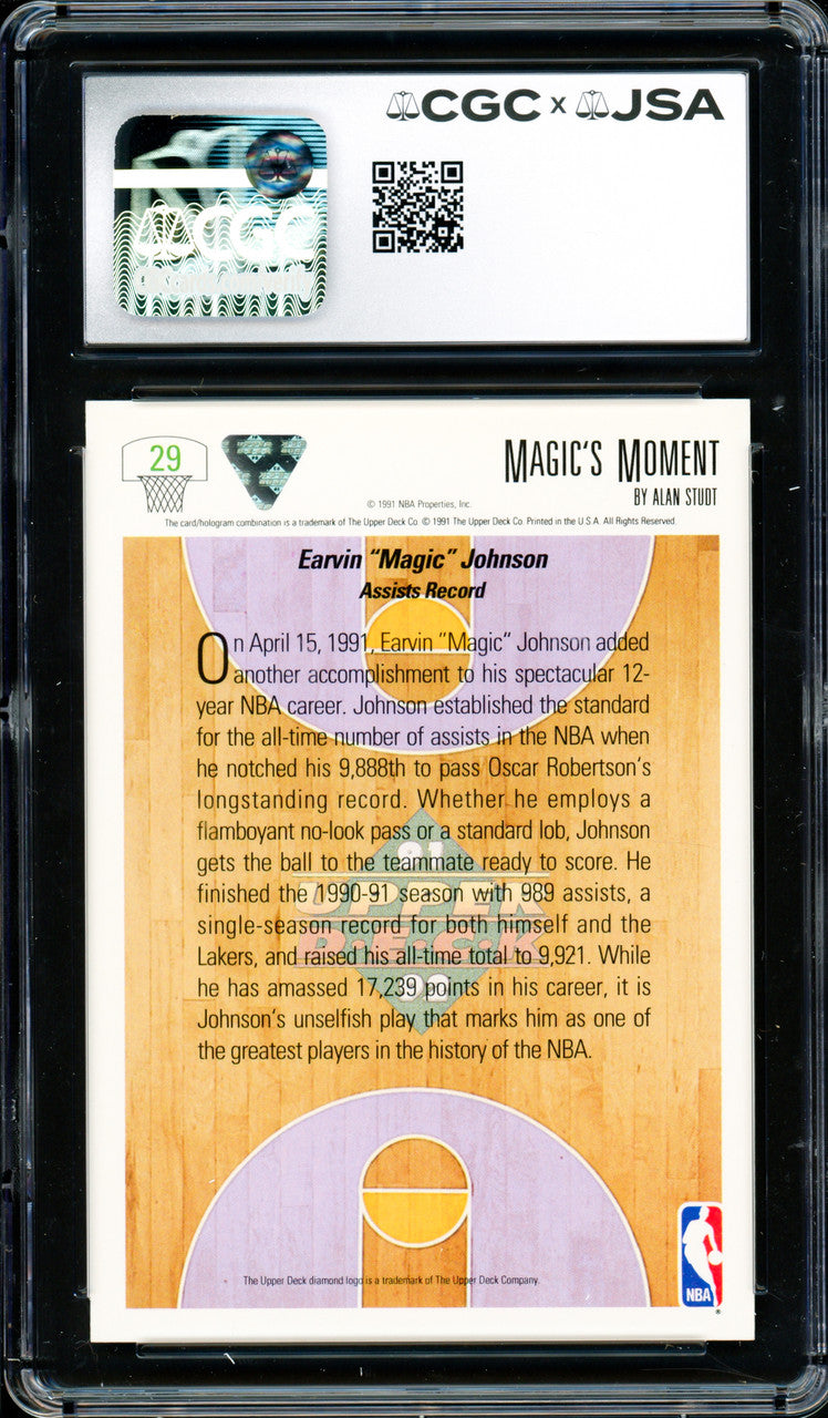 Magic Johnson Autographed 1991-92 Upper Deck Card #29 Los Angeles Lakers CGC x JSA 9 Auto Grade Gem Mint 10 CGC x JSA Stock #262955