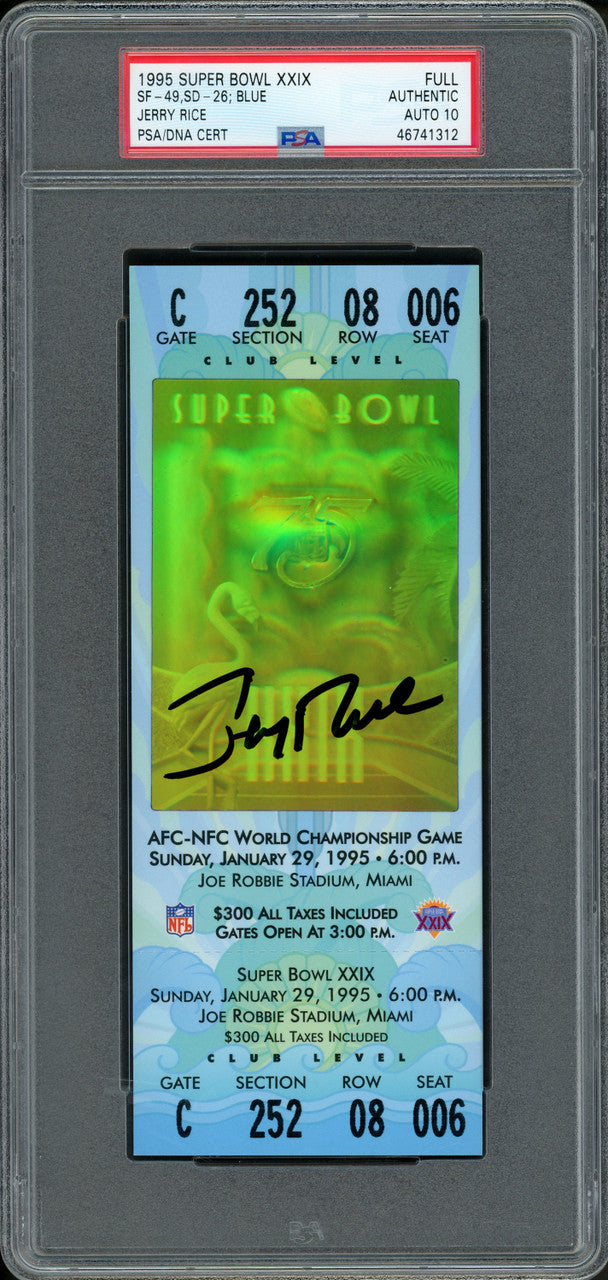 Jerry Rice Autographed 1995 Super Bowl XXIX Full Ticket (Blue) San Francisco 49ers Auto Grade Gem Mint 10 PSA/DNA #46741312