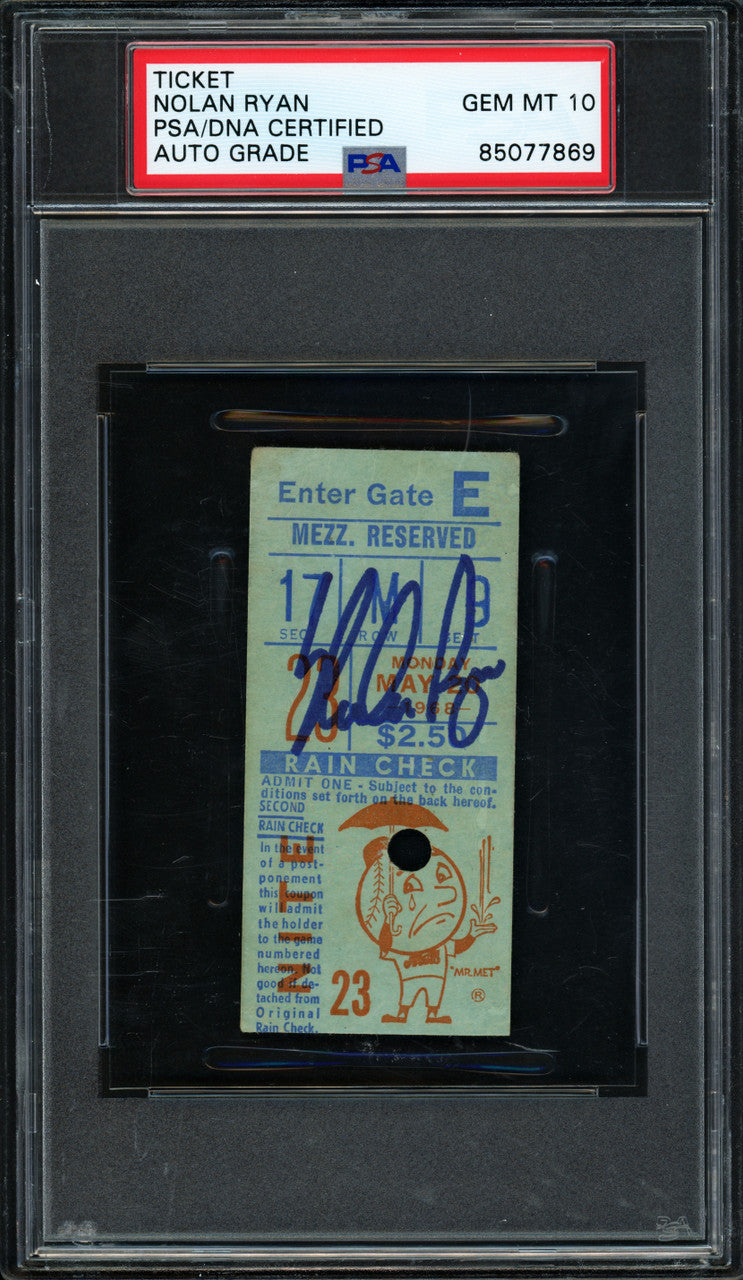 Nolan Ryan Autographed 5/20/1968 Rookie Year Ticket New York Mets Auto Grade Gem Mint 10 PSA/DNA #85077869