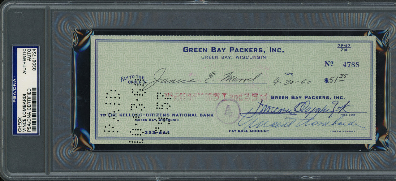 Vince Lombardi Autographed 3x8 Check Green Bay Packers PSA/DNA #83061724