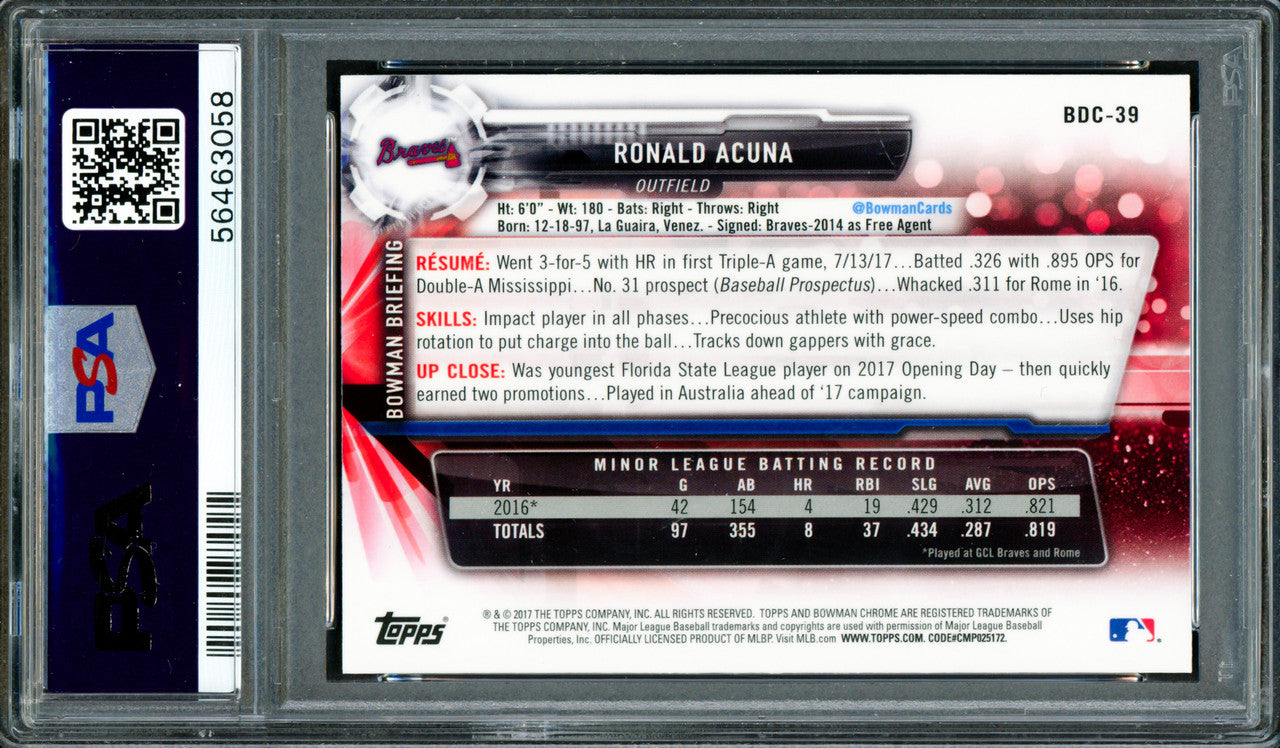 Ronald Acuna Jr. Autographed 2017 Bowman Draft Chrome Rookie Card #BDC39 Atlanta Braves PSA 9 Auto Grade Gem Mint 10 PSA/DNA #56463058