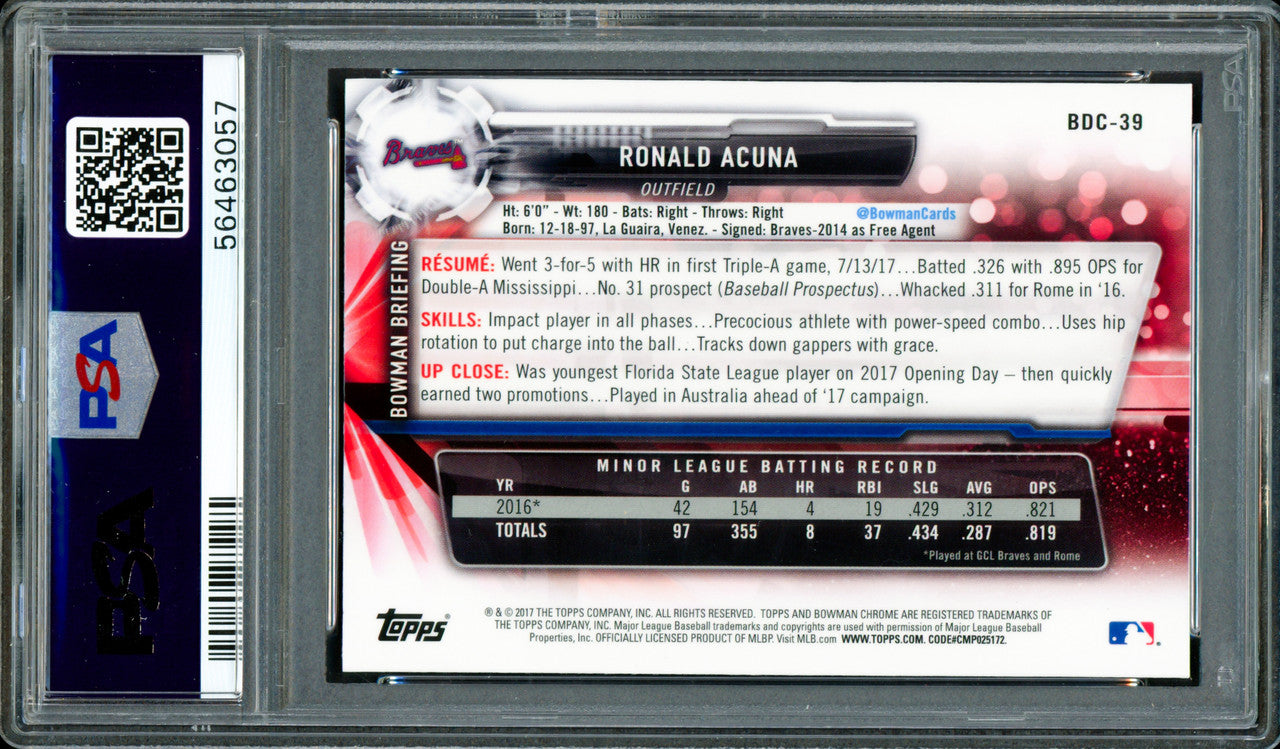 Ronald Acuna Jr. Autographed 2017 Bowman Draft Chrome Rookie Card #BDC39 Atlanta Braves PSA 9 Auto Grade Gem Mint 10 PSA/DNA #56463057