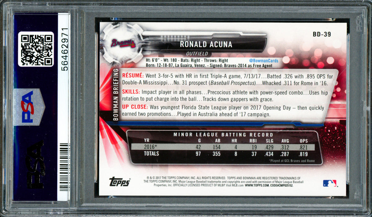 Ronald Acuna Jr. Autographed 2017 Bowman Draft Rookie Card #BD39 Atlanta Braves PSA 10 Auto Grade Gem Mint 10 PSA/DNA #56462971