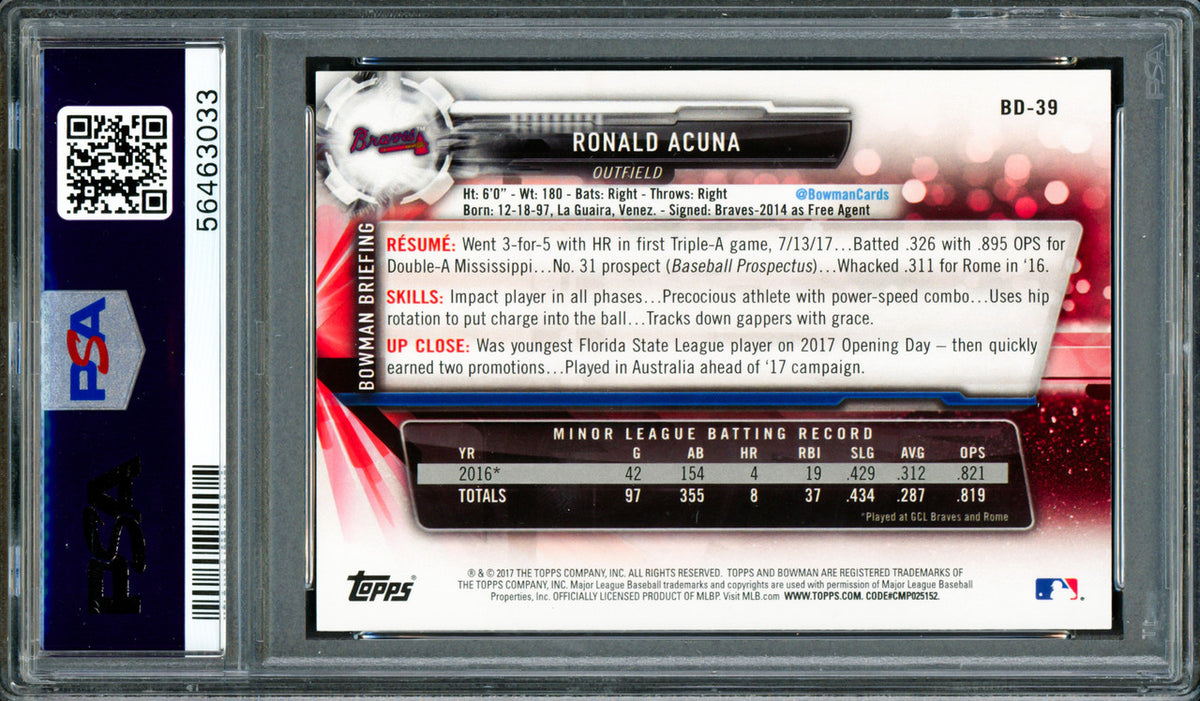 Ronald Acuna Jr. Autographed 2017 Bowman Draft Rookie Card #BD39 Atlanta Braves PSA 10 Auto Grade Mint 9 PSA/DNA #54663033