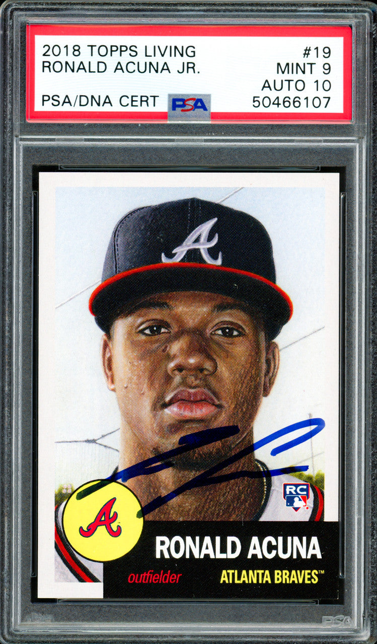 Ronald Acuna Jr. Autographed 2018 Topps Living Rookie Card #19 Atlanta Braves PSA 9 Auto Grade Gem Mint 10 PSA/DNA #50466107