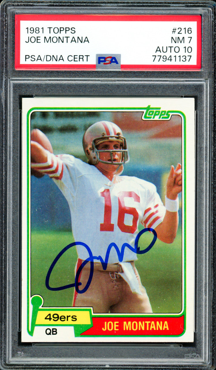 Joe Montana Autographed 1981 Topps Rookie Card #216 San Francisco 49ers PSA 7 Auto Grade Gem Mint 10 PSA/DNA #77941137