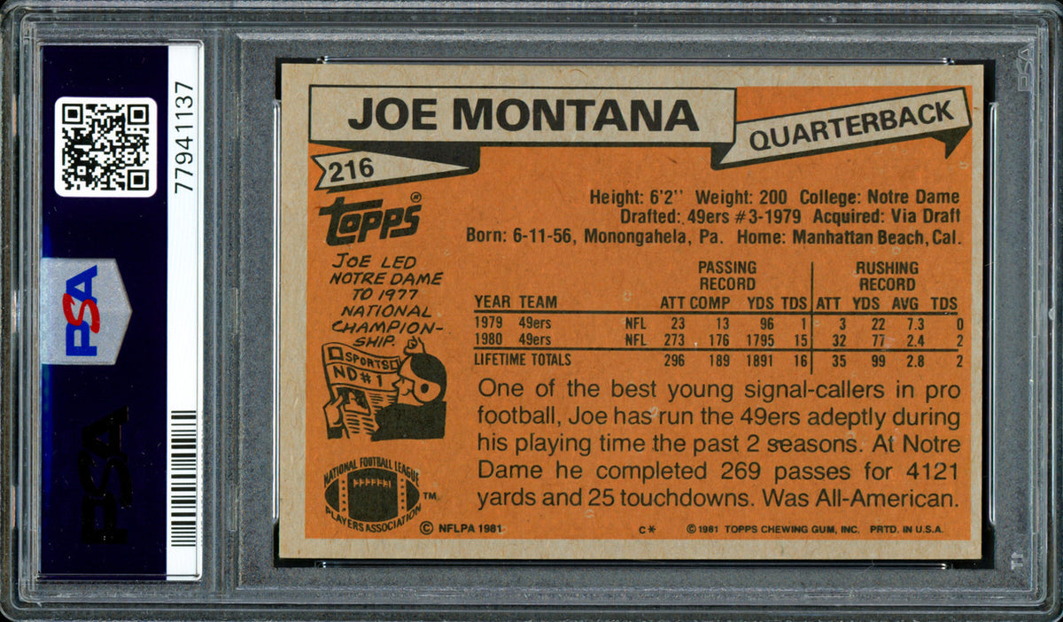 Joe Montana Autographed 1981 Topps Rookie Card #216 San Francisco 49ers PSA 7 Auto Grade Gem Mint 10 PSA/DNA #77941137