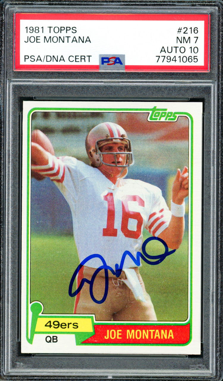 Joe Montana Autographed 1981 Topps Rookie Card #216 San Francisco 49ers PSA 7 Auto Grade Gem Mint 10 PSA/DNA #77941065