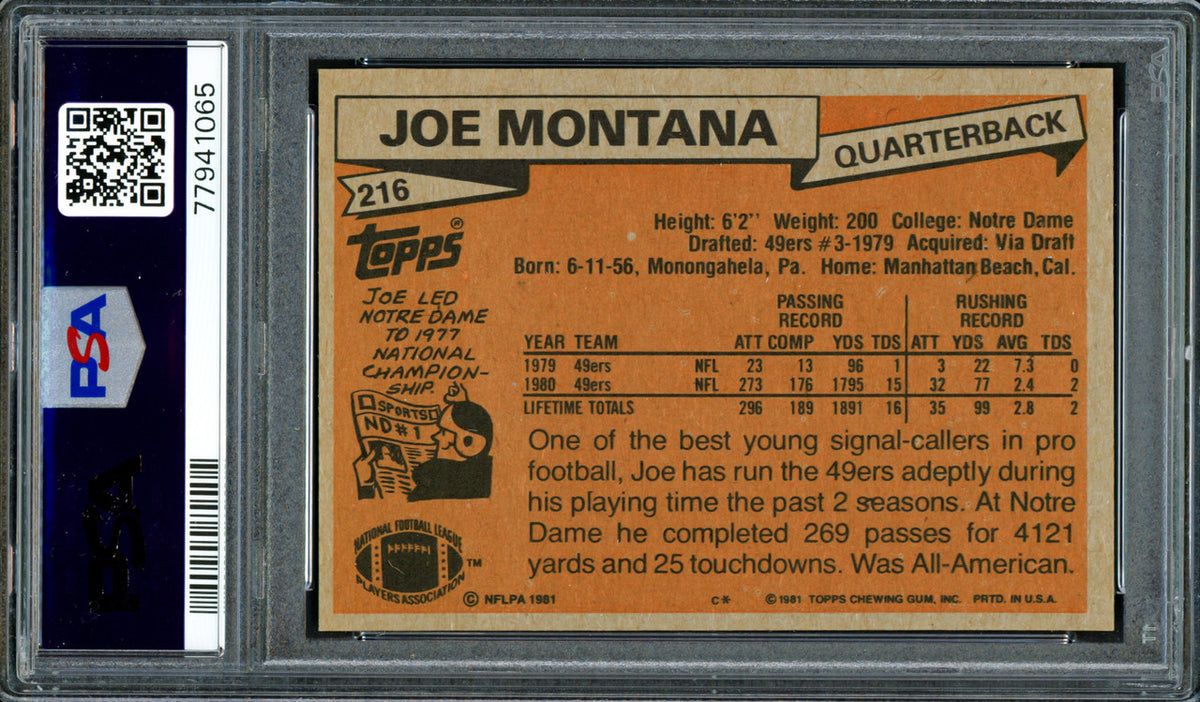 Joe Montana Autographed 1981 Topps Rookie Card #216 San Francisco 49ers PSA 7 Auto Grade Gem Mint 10 PSA/DNA #77941065
