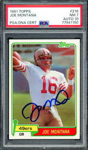 Joe Montana Autographed 1981 Topps Rookie Card #216 San Francisco 49ers PSA 7 Auto Grade Gem Mint 10 PSA/DNA #77941150