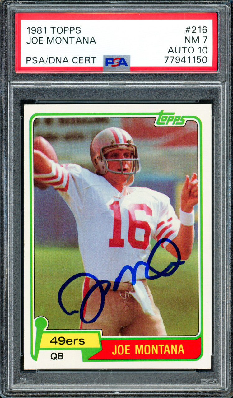 Joe Montana Autographed 1981 Topps Rookie Card #216 San Francisco 49ers PSA 7 Auto Grade Gem Mint 10 PSA/DNA #77941150