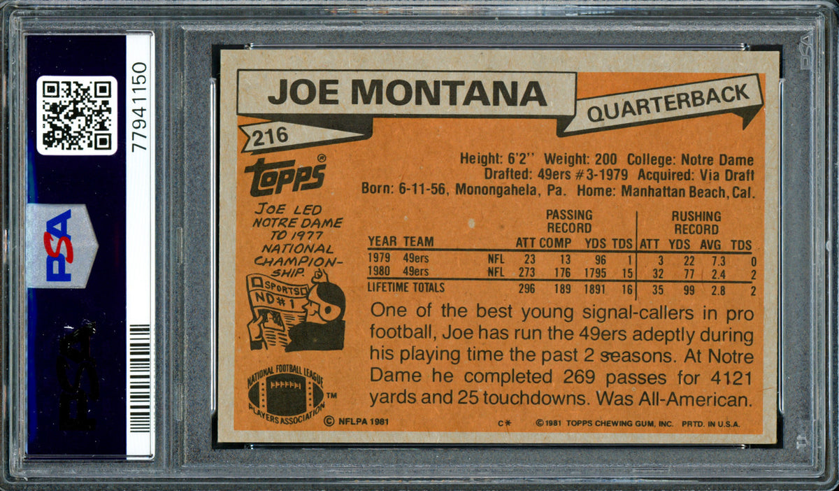 Joe Montana Autographed 1981 Topps Rookie Card #216 San Francisco 49ers PSA 7 Auto Grade Gem Mint 10 PSA/DNA #77941150