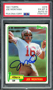 Joe Montana Autographed 1981 Topps Rookie Card #216 San Francisco 49ers PSA 6 Auto Grade Gem Mint 10 PSA/DNA #77941127