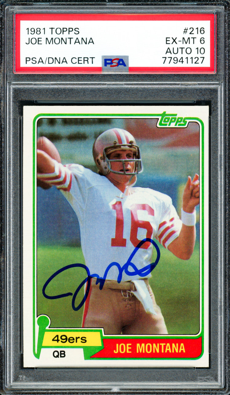 Joe Montana Autographed 1981 Topps Rookie Card #216 San Francisco 49ers PSA 6 Auto Grade Gem Mint 10 PSA/DNA #77941127