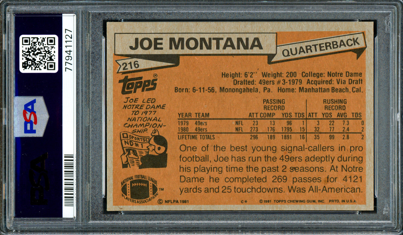 Joe Montana Autographed 1981 Topps Rookie Card #216 San Francisco 49ers PSA 6 Auto Grade Gem Mint 10 PSA/DNA #77941127