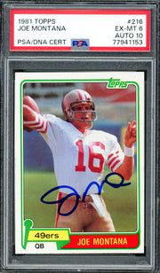 Joe Montana Autographed 1981 Topps Rookie Card #216 San Francisco 49ers PSA 6 Auto Grade Gem Mint 10 PSA/DNA #77941153