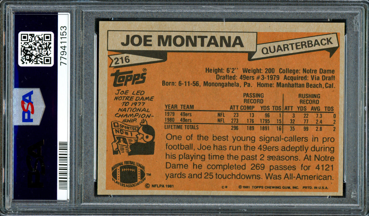 Joe Montana Autographed 1981 Topps Rookie Card #216 San Francisco 49ers PSA 6 Auto Grade Gem Mint 10 PSA/DNA #77941153