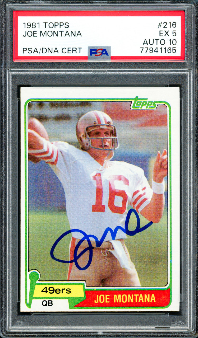 Joe Montana Autographed 1981 Topps Rookie Card #216 San Francisco 49ers PSA 5 Auto Grade Gem Mint 10 PSA/DNA #77941165