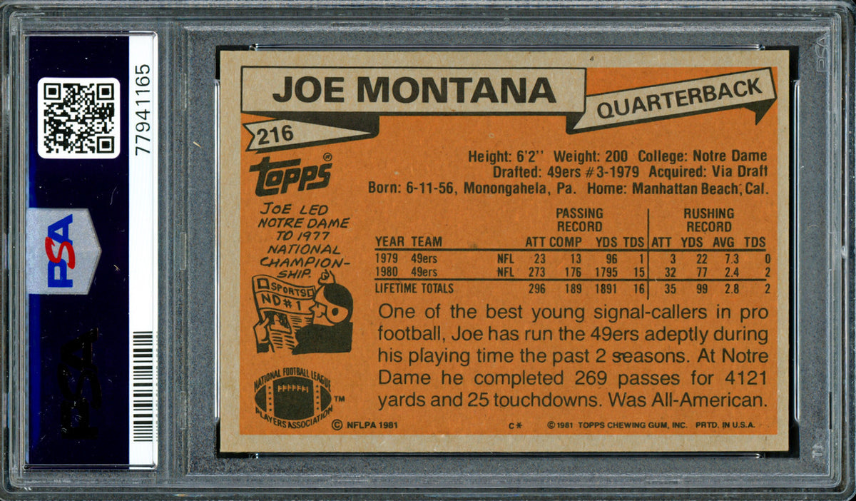 Joe Montana Autographed 1981 Topps Rookie Card #216 San Francisco 49ers PSA 5 Auto Grade Gem Mint 10 PSA/DNA #77941165