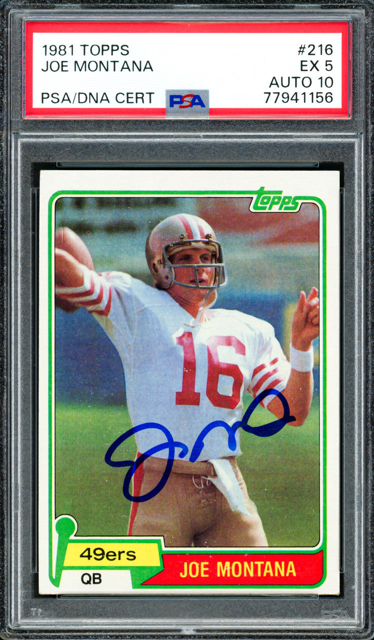 Joe Montana Autographed 1981 Topps Rookie Card #216 San Francisco 49ers PSA 5 Auto Grade Gem Mint 10 PSA/DNA #77941156