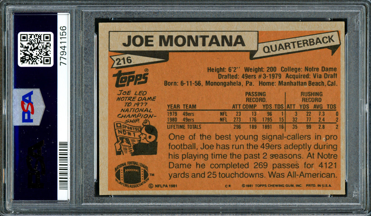 Joe Montana Autographed 1981 Topps Rookie Card #216 San Francisco 49ers PSA 5 Auto Grade Gem Mint 10 PSA/DNA #77941156