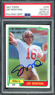 Joe Montana Autographed 1981 Topps Rookie Card #216 San Francisco 49ers PSA 4 Auto Grade Gem Mint 10 PSA/DNA #77941027