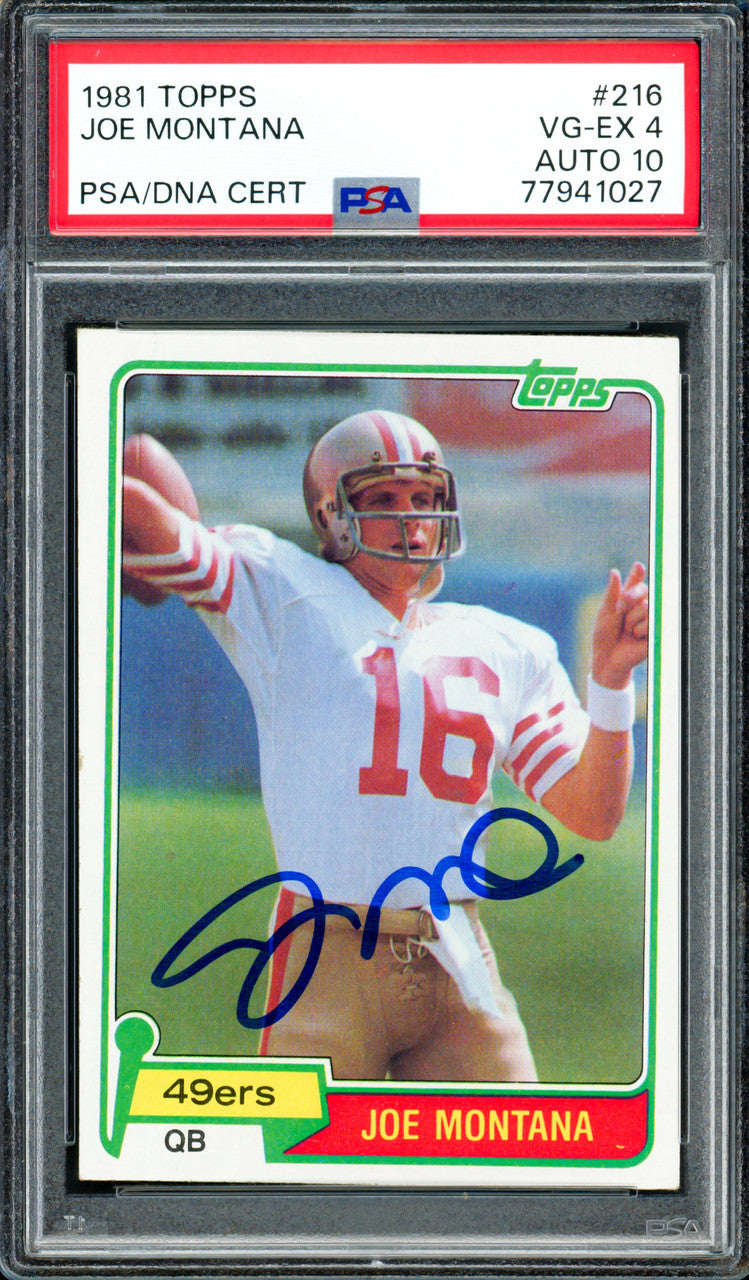 Joe Montana Autographed 1981 Topps Rookie Card #216 San Francisco 49ers PSA 4 Auto Grade Gem Mint 10 PSA/DNA #77941027