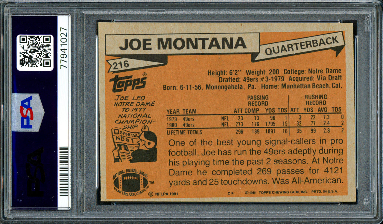 Joe Montana Autographed 1981 Topps Rookie Card #216 San Francisco 49ers PSA 4 Auto Grade Gem Mint 10 PSA/DNA #77941027