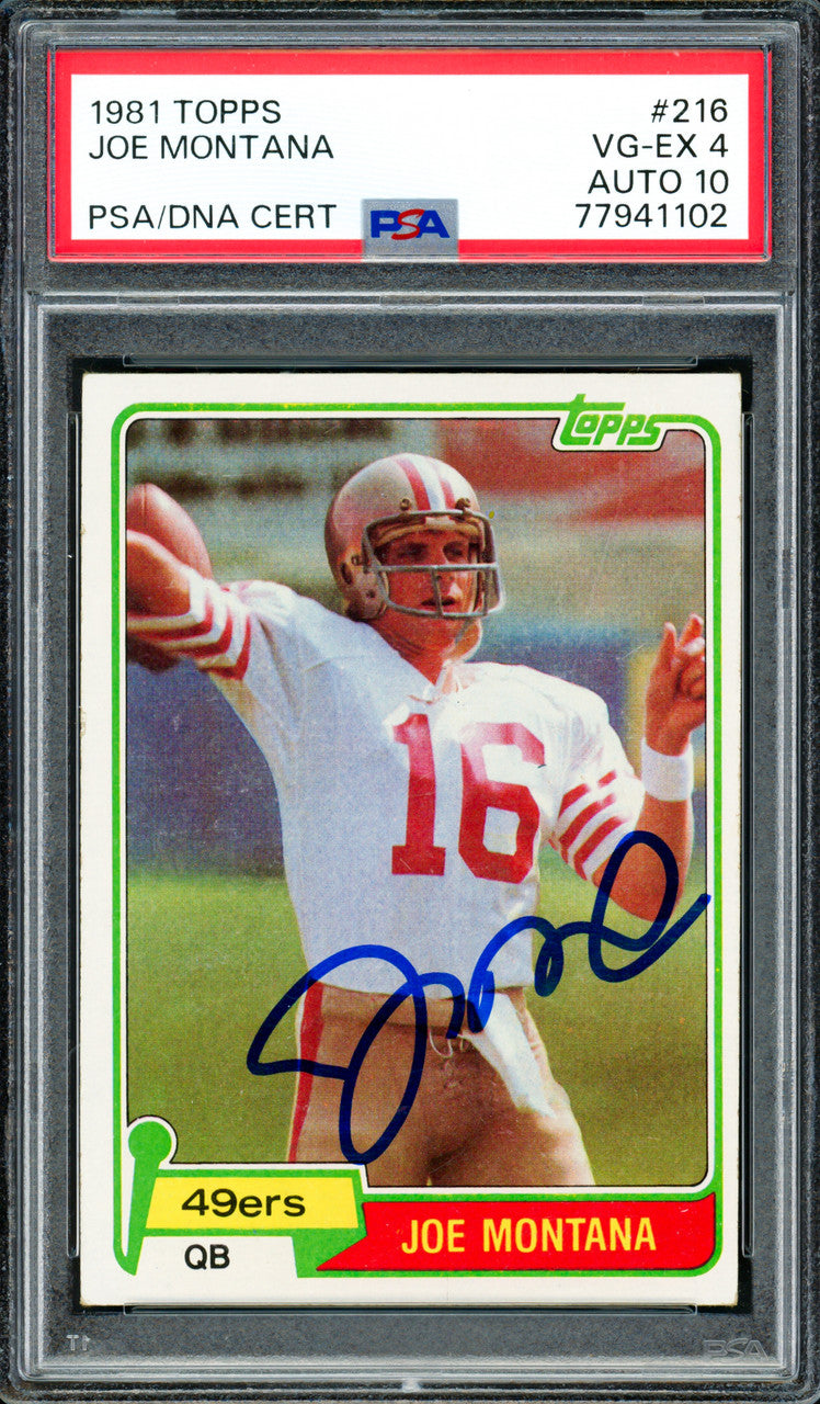 Joe Montana Autographed 1981 Topps Rookie Card #216 San Francisco 49ers PSA 4 Auto Grade Gem Mint 10 PSA/DNA #77941102