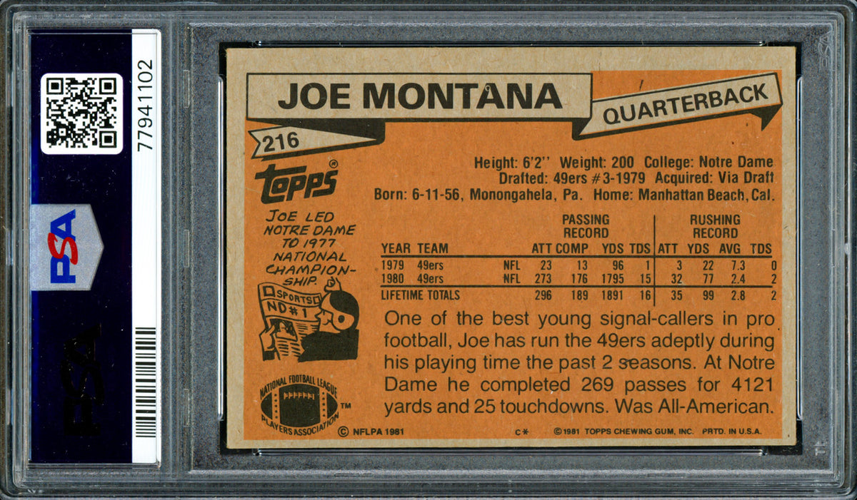 Joe Montana Autographed 1981 Topps Rookie Card #216 San Francisco 49ers PSA 4 Auto Grade Gem Mint 10 PSA/DNA #77941102
